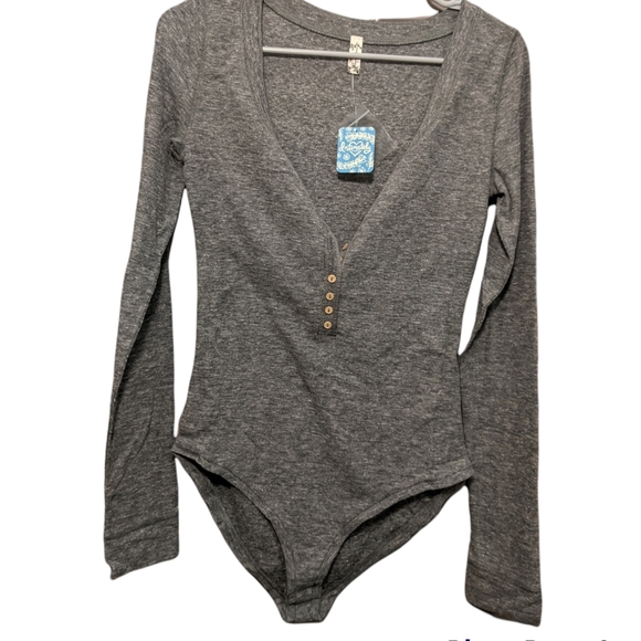 Free People Dylan Thermal Henley Bodysuit Ribbed Knit Dark Gray Long Sleeve - Picture 3 of 12